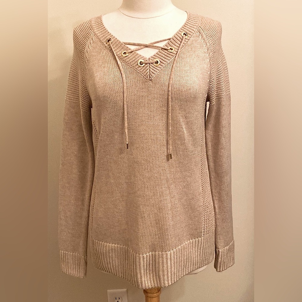 Calvin Klein Tan SZ XS Neutral Boho Chic Coastal Grommet Knit Oversized Sweater
